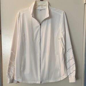 Chico's White Bomber Jacket with Lace Sleeves, size‎ 2 / Large
